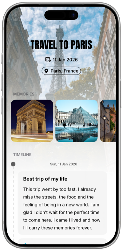 Memories timeline with completed dreams and photos