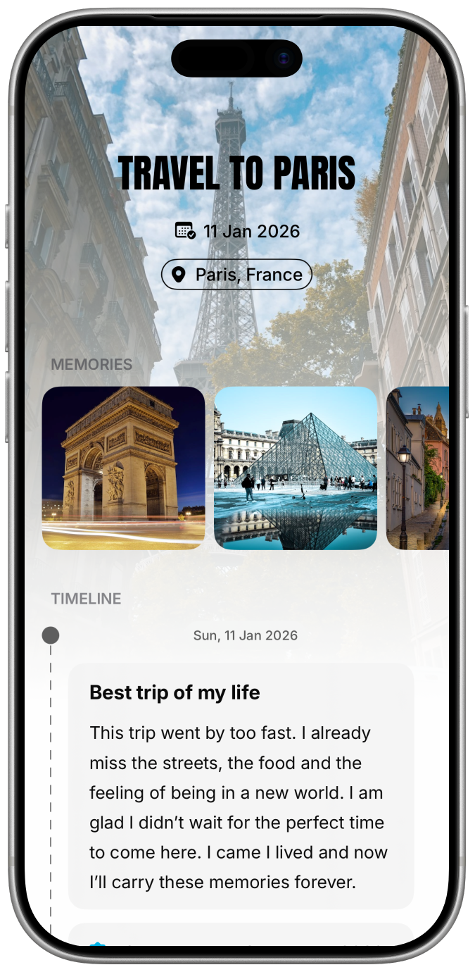 Memories timeline with completed dreams and photos