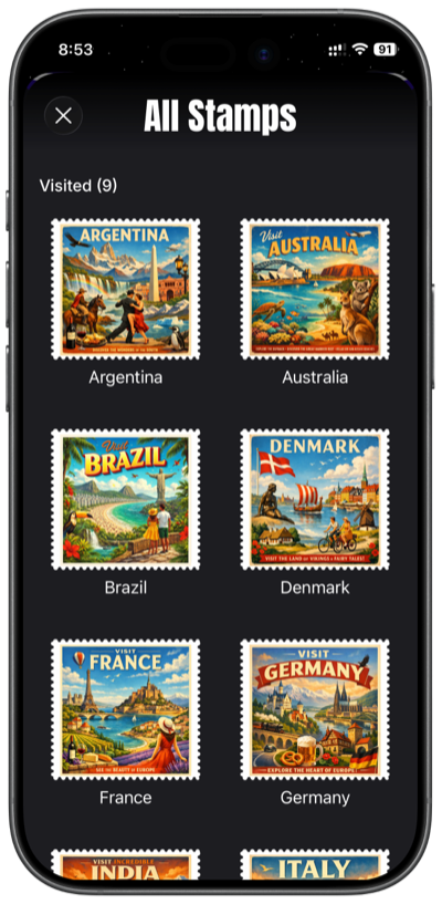 Collection of custom country stamps for visited places